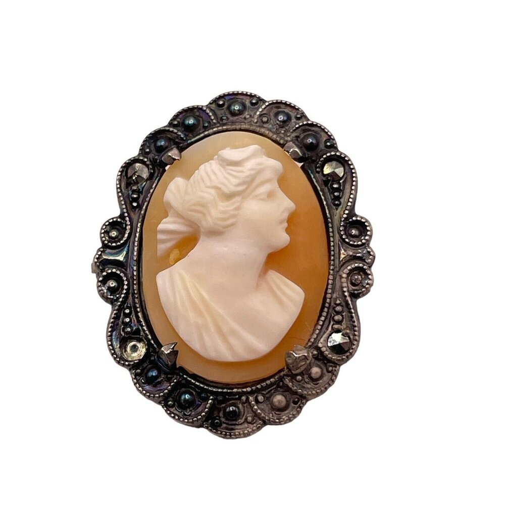VINTAGE STERLING SILVER MARCASITE AND CARVED SHELL WOMAN CAMEO PIN BROOCH ‎ READ - Picture 2 of 9